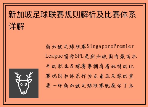新加坡足球联赛规则解析及比赛体系详解