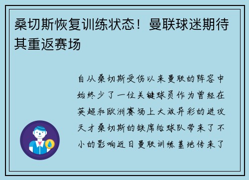 桑切斯恢复训练状态！曼联球迷期待其重返赛场