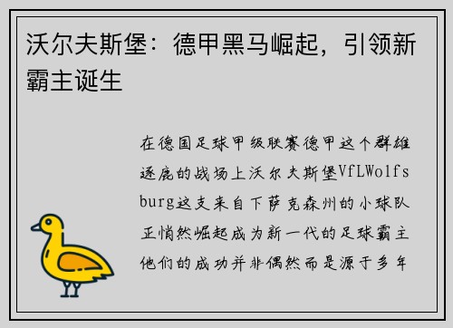 沃尔夫斯堡：德甲黑马崛起，引领新霸主诞生