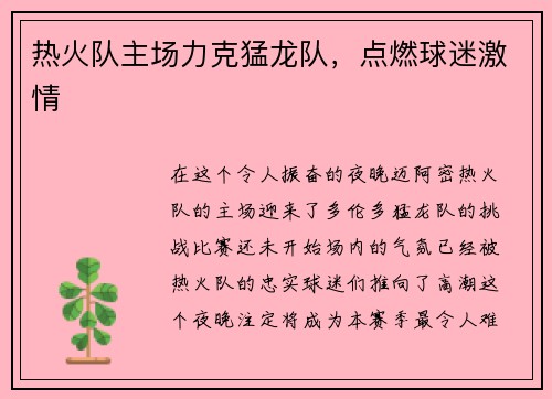 热火队主场力克猛龙队，点燃球迷激情